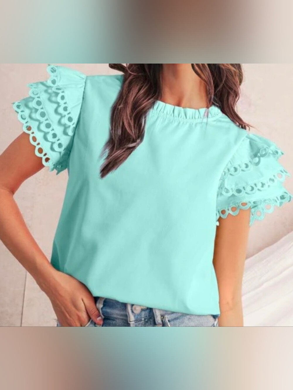 Layered Ric Rac Cap Sleeve Frilled Neck Blouse Size Large